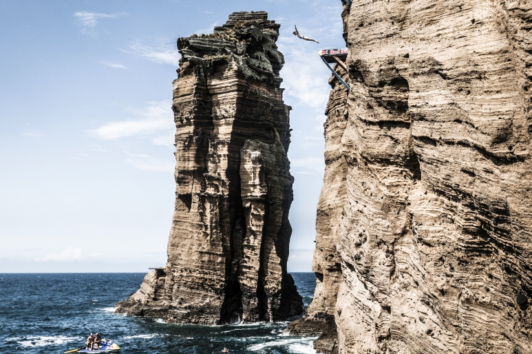 Andy Jones of the USA dives from the 20 metre platform during an open training day prior to the fifth stop of the Red Bull Cliff Diving World Series, Islet Franco do Campo, Azores, Portugal on July 15th 2015.